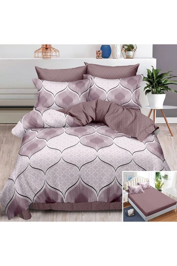 OEM Bed linen, 2 persons, finet, 6 pieces, with elastic, brown, with print, LEL505