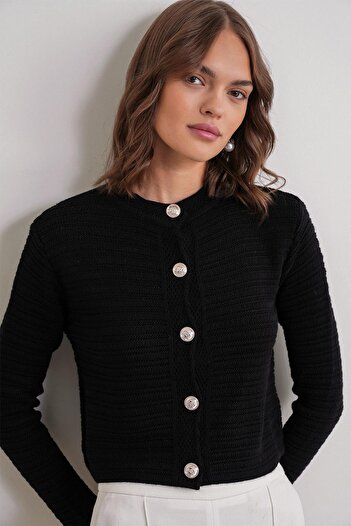 Mixray 6778 Women's Links Patterned Crop Knit Cardigan Black