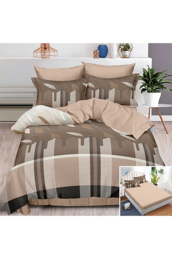 OEM Bed linen, 2 people, finet, 6 pieces, with elastic, brown and cream, line print, LEL504