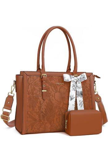 Mosiso Laptop Bag for Women, PU Leather Tote Bag, Front Embossed Retro Hibiscus Computer Bag with Si