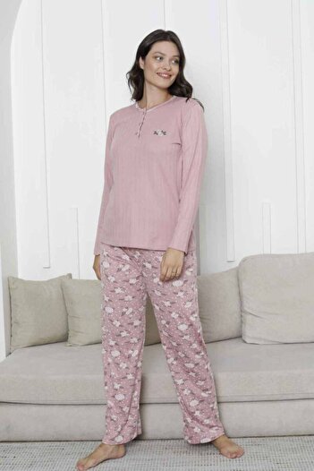 ALİMER Floral Patterned Women's Pajama Set - Dried Rose Embroidered Winter Interlock 2879Uk