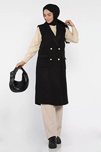 julude Black Gold Button Detailed Double Pocket Hijab Boucle Vest