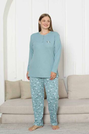 ALİMER Plus Size Pajama Set - Green Floral Pattern Winter Ribbed Interlock 2879Ukb