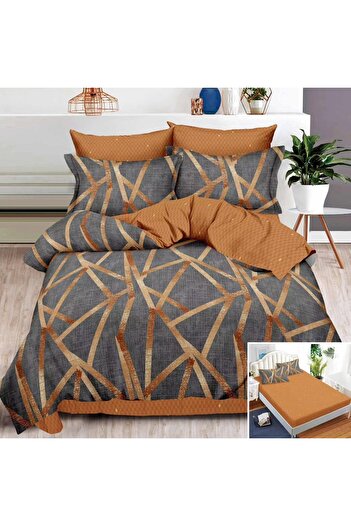 OEM Bed linen, 2 persons, finet, 6 pieces, with elastic, brown, line print, LEL508