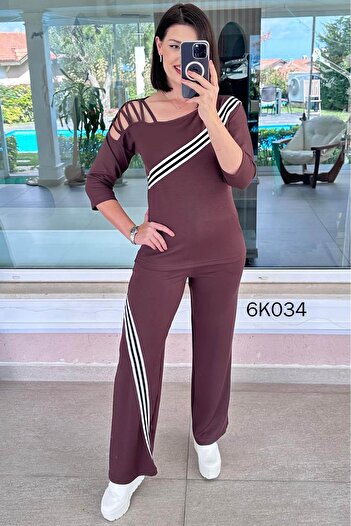 İnce Topuk One-Shoulder Low-Cut Striped Modal Set 6K034