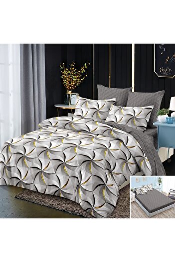 OEM Bed linen, 2 people, fine, 6 pieces, with elastic, gray, with hexagon pattern, LEL154