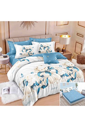 OEM Bed linen, 2 people, finet, 6 pieces, with elastic, blue and white, teddy bear print, LEL500