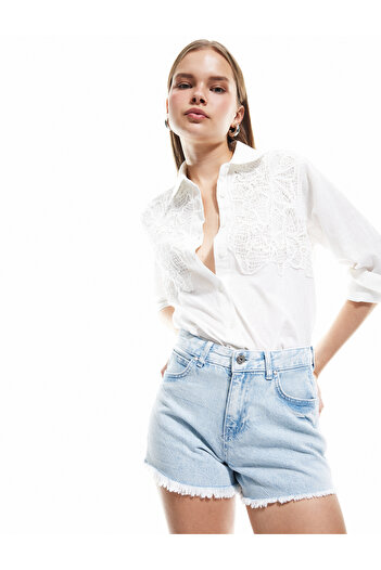 Koton Lace Detailed Buttoned Classic Collar Long Sleeve Linen Blend Shirt