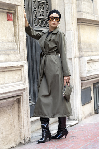dilber fashion Trench Coat with Leopard Detail and Bag Gift