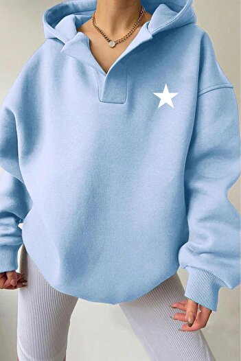 NO 601 Women's Baby Blue Star Printed Patch Hooded Sweatshirt