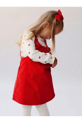 LC Waikiki Peak New Season Bow Detail Velvet Baby Girl Salopet Dress and T-Shirt