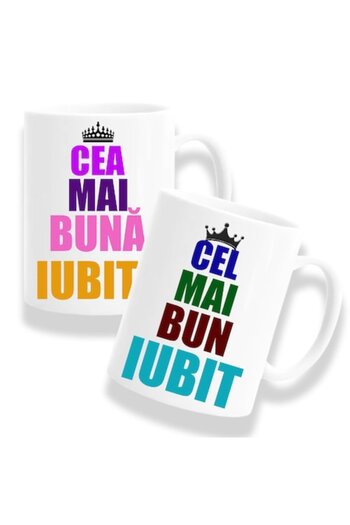 OEM Set 2 Cani personalizate cu mesaj: 'Cel mai bun iubit, Cea mai buna iubita', coroana multicolor, Bet