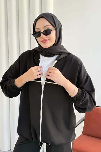 Hatun Atila Stripe Detailed Zippered Hooded Double Suit 30111 - Black