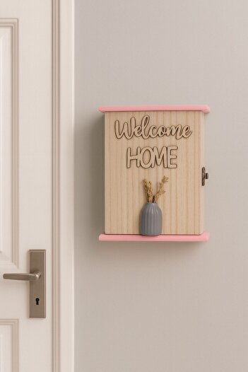 decorev Wooden Key Holder Box – Decorative Wall Hanger with “Welcome Home” Inscription and Vase Br-6633