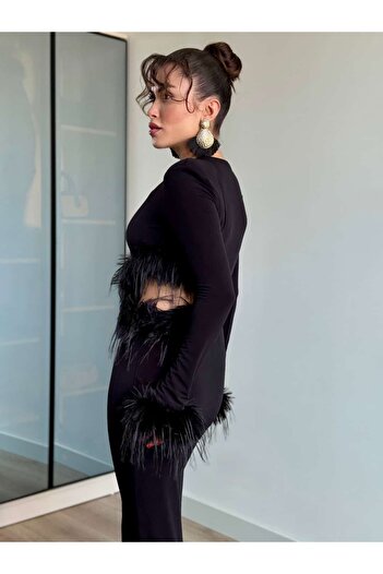 ROUPAS COLLECTİON Tüy Detaylı Uzun Elbise