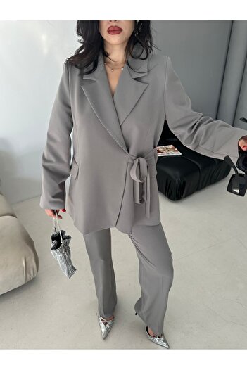 MYGİYİMİSTANBUL Tie-Up Blazer Jacket Wide Leg Trousers Set