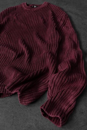 Slatra Men's Burgundy Washed Ribbed Wool Blend Crew Neck Oversize Sweater
