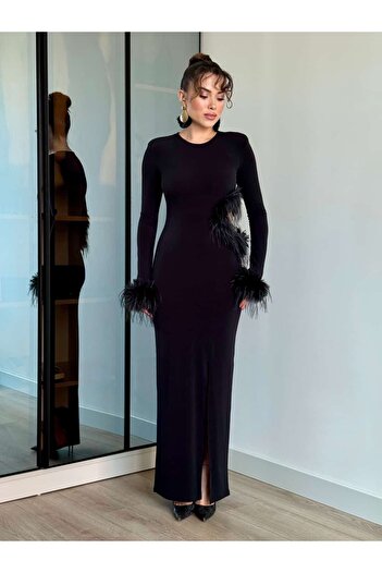 ROUPAS COLLECTİON Tüy Detaylı Uzun Elbise
