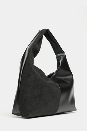 Madamra Women's Black Suede and Pu Leather Contrast Shopper Shoulder Bag – Soft Form Vintage Model