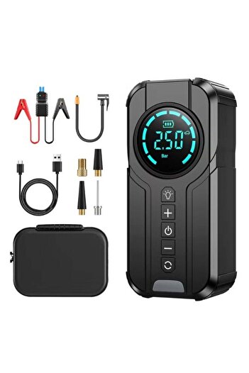 AGD Car Battery Jump Starter (2500 mAh) with built-in Air Compressor (150 PSI), LCD display, LED lig