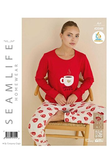 seamlife Women's Coffee Patterned Red Long Sleeve Thermal Pajama Set