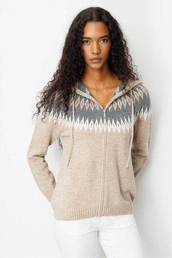Desen Triko Women's Hooded Robe Diamond Pattern Cardigan Dark Beige