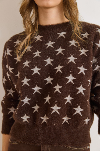 Olalook Women's Brown Star Detailed Beard Knitwear Sweater Kzk-19001008