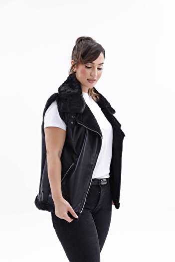 BRGCLOTHING Leather Vest with Collar and Fur Detailing Inside
