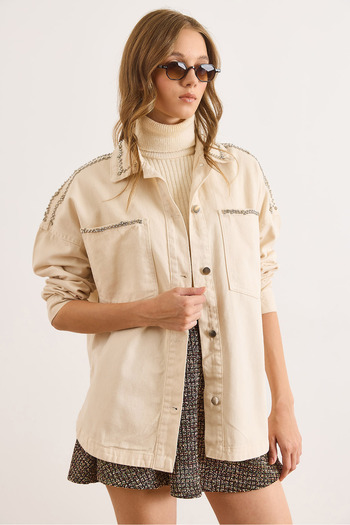 Olalook Women's Stone Shoulder Pockets Stone Detailed Cotton Gabardine Jacket Ckt-19000470