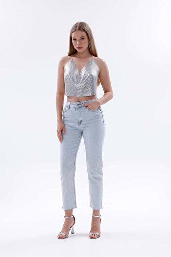 Pulli Collection Işıltılı Taş Detaylı Yüksek Bel Mom Fit Jean Pantolon