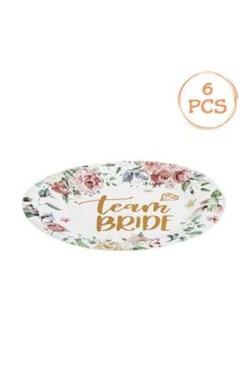 OEM Disposable White Cardboard Plates with Pink Gold Foil Flowers 'Team Bride' Ø18cm - 6 pcs