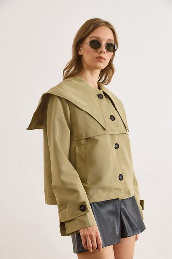 Olalook Women's Light Khaki Collar Cuff Detailed Pocketed Crop Trench Coat Trc-00000011