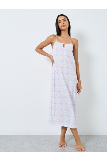 Styli Ditsy Print Front Gathered Keyhole Slip Dress