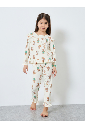 Take Two By Styli Girls Bear Graphic Ruffled Top and Pyjama Set