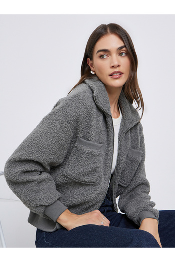 Styli Grey Faux Fur Regular Fit Bomber Jacket