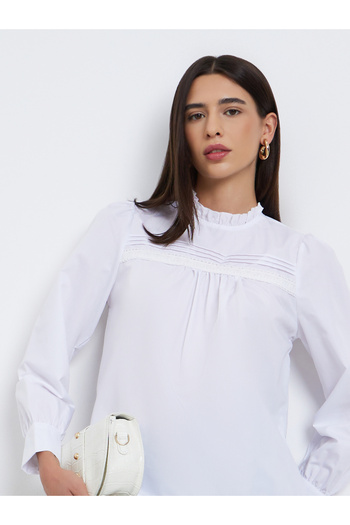 Take Two By Styli White Long Sleeve Ruffle Neck Top