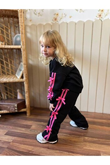 CANSU BUTİK Girl's Black Long Two-Piece Suit with Bow on the Edge