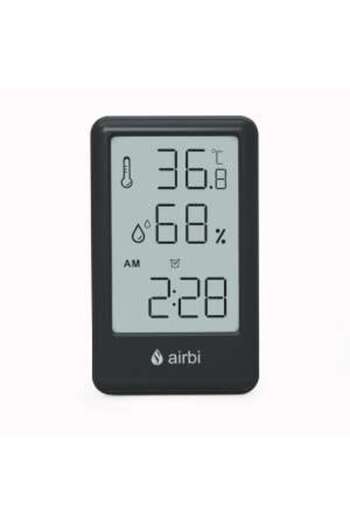 AirBi Digital Room Thermometer and Hygrometer, Alarm Clock, Memory, Expandable Stand, Black, FRAME B
