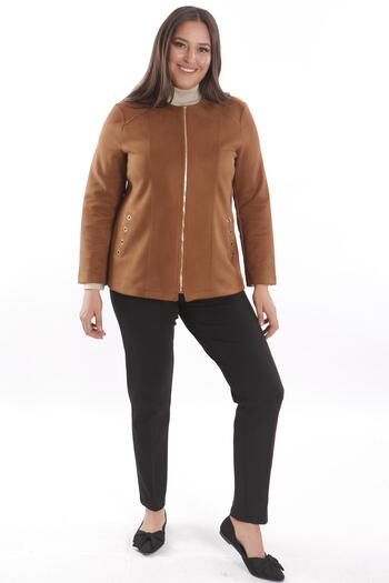 Metpoint Plus Size Suede Brown Jacket with Robe Front Pocket and Bird's Eye Seam Detail