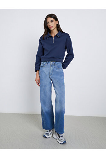 Styli Navy Blue Crop Sweatshirt with Half-Zip