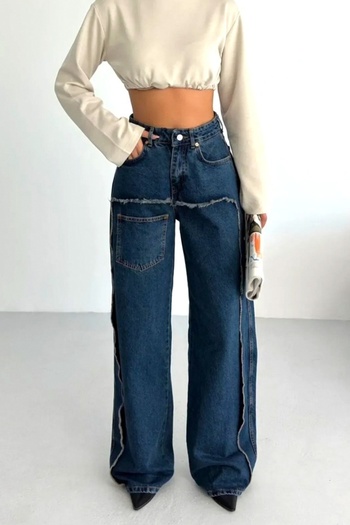 FashionForYou Portaya wide-leg jeans with pockets and fringes, long cut, Navy blue, 40