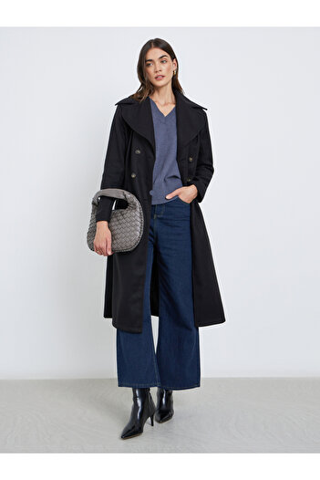 Styli Black Double-Breasted Knee-Length Coat
