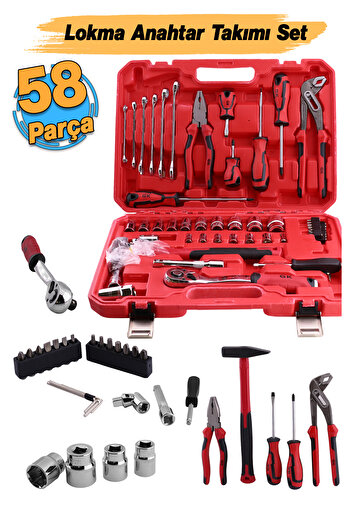 Badem10 Lokma Anahtar Takımı 58 Parça Pense Tornavida Seti 1/2 3/8 1/4 Yıldız Tork Düz Set Bits Uç Allen Set