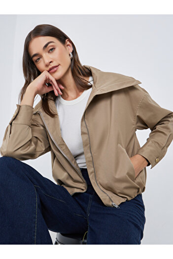 Styli Women Beige Regular Fit Bomber Jacket