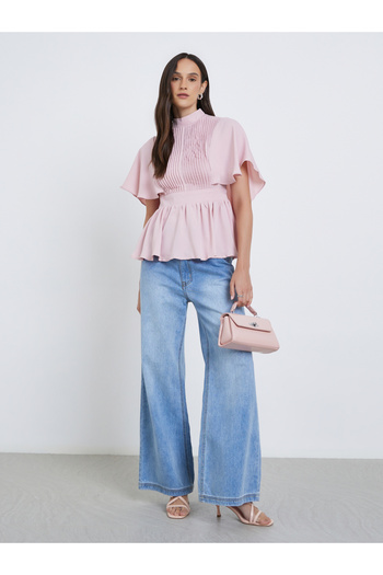 Styli Pleated High Neck Cape Sleeve Blouse