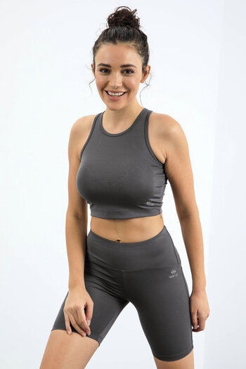 TOMMY LIFE Dark Gray High Waist Slimming Tight Fit Crop Biker Women's Leggings Set - 95302