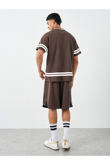Styli Men Brown V Neck Printed Boxy T-Shirt and Oversized Shorts Co-Ords