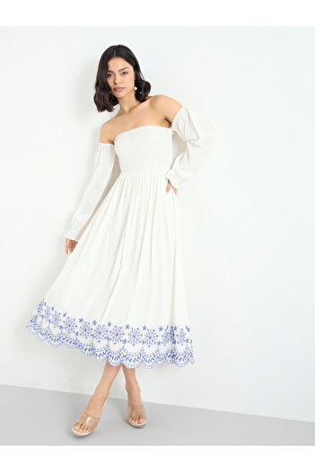 Styli Off-Shoulder Embroidered Midi Dress