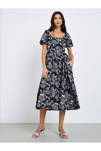 Styli Black Floral Print Puff Sleeve Midi Dress