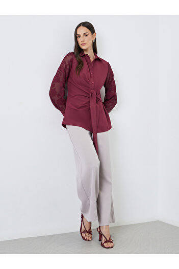 Styli Front Knot Lace Long Sleeve Buttoned Shirt